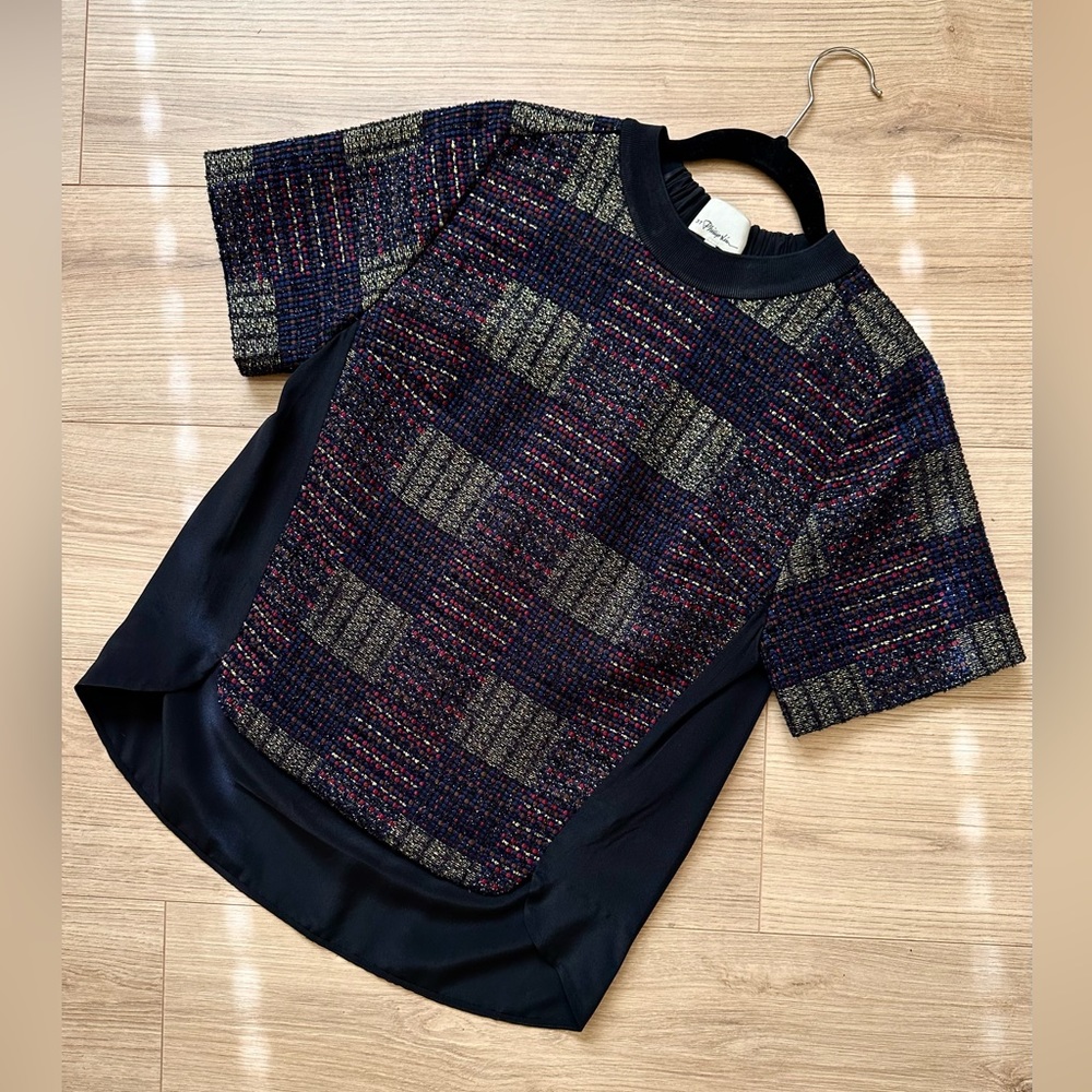 3.1 Phillip Lim Navy Silk and Knit Short Sleeve Top Size 2